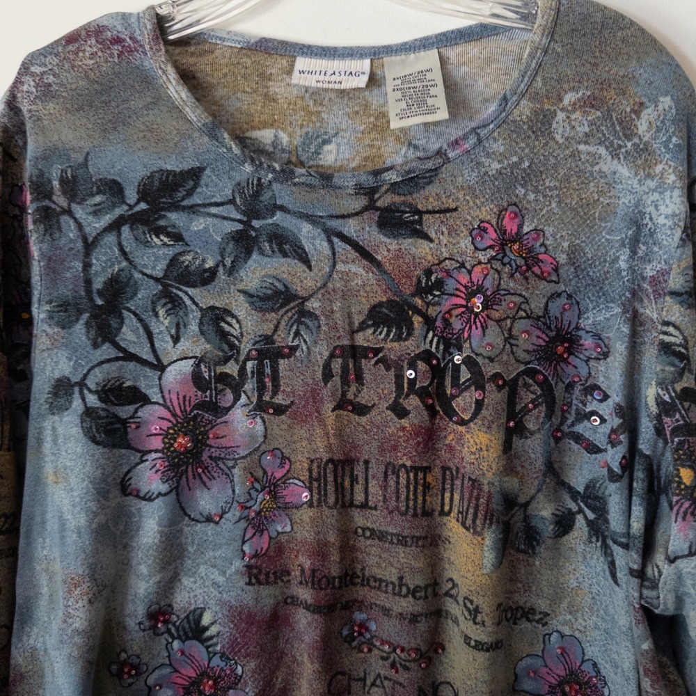 Boho Artsy St Tropez Floral Graphic Top 2X Embellished All Over Print Retro - Picture 3 of 8